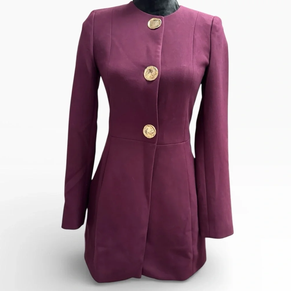 Zara Plum Tailored Frock Coat Long Blazer with Gold Metal Buttons Size XS​ - Picture 3 of 8
